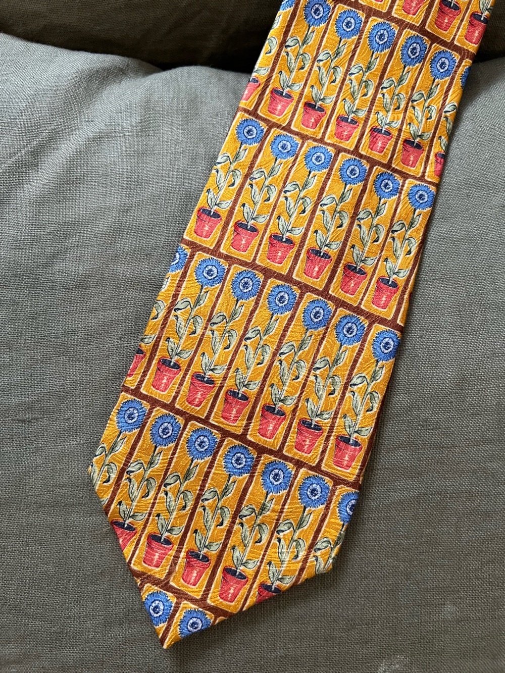 Ermenegildo Zegna Yellow Silk Tie with Blue Floral Pot Motif